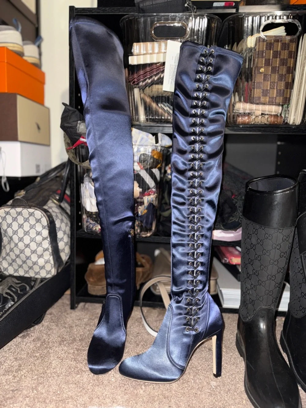 NEW Jimmy Choo Marie 100 Navy Satin Lace Up Over The Knee Boots 35 US 5
